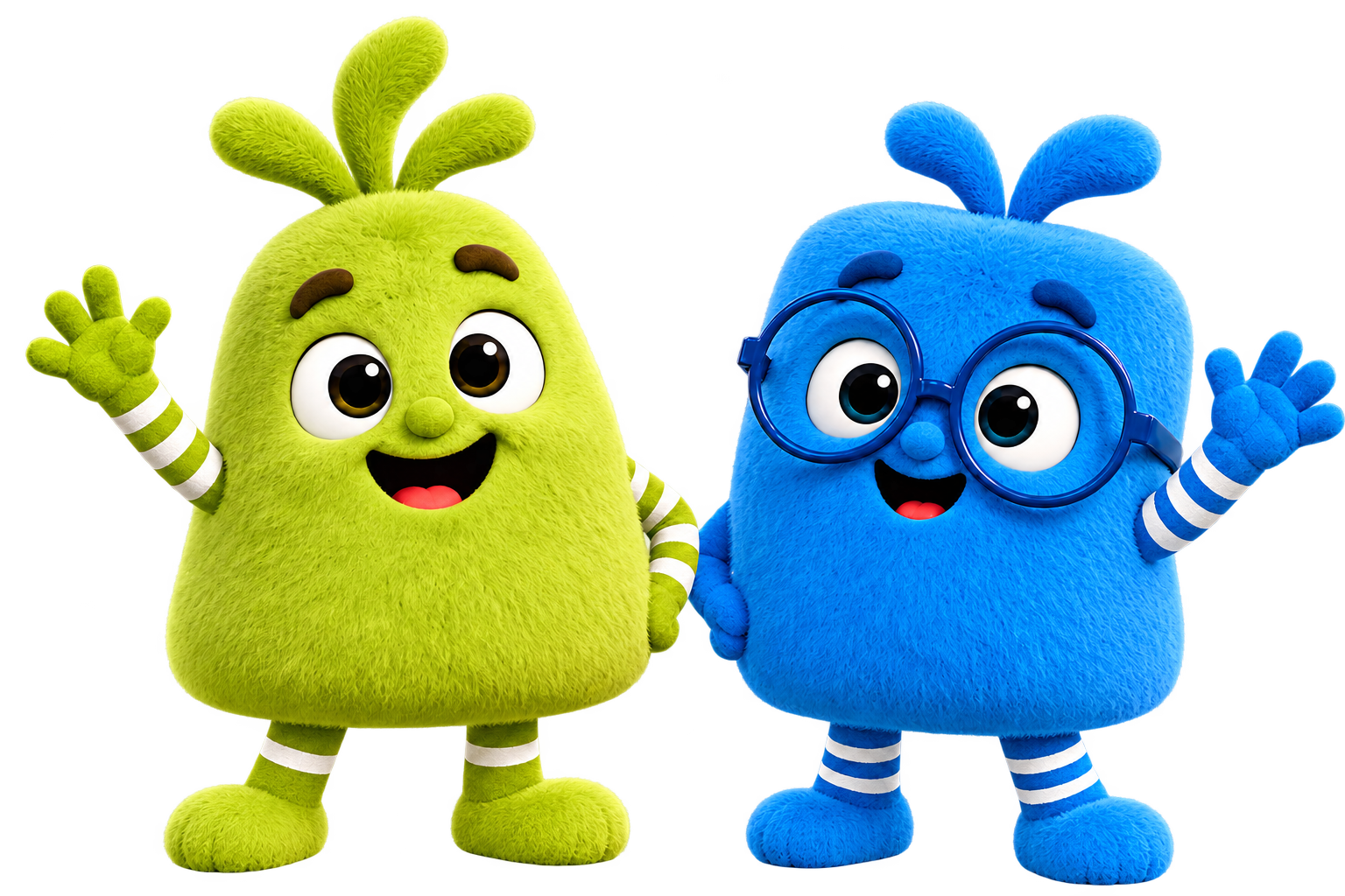 Alfie, a green fluffy friend, and Bettie, a blue fluffy friend with glasses, waving hello